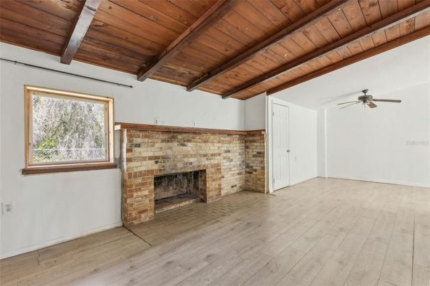 Empty room, Fireplace, Interior, Wooden Beams, Wooden Ceilings, Wood Texture Flooring