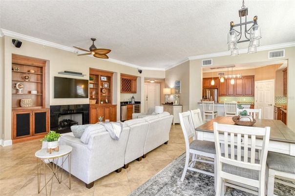 Dining room, Fireplace, Interior, Kitchen, Living room, Pendant Lights