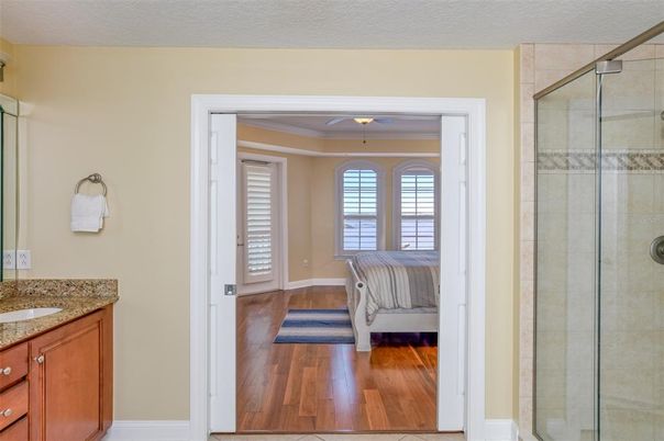 Bathroom, Bedroom, Glass Shower, Interior, Wood Texture Flooring