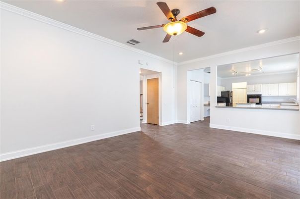 Empty room, Interior, Kitchen, Recessed Lighting, Wood Texture Flooring