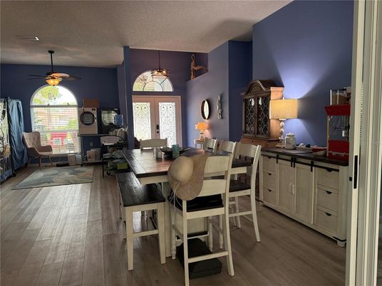 Dining room, Interior, Pendant Lights, Wood Texture Flooring