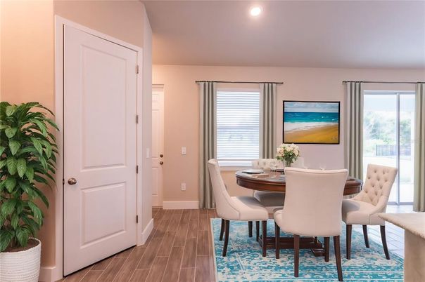 Dining room, Interior, Recessed Lighting, Wood Texture Flooring