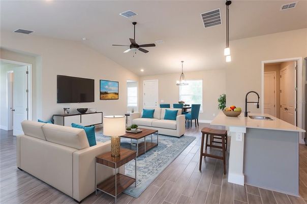 Dining room, Interior, Kitchen, Living room, Pendant Lights, Recessed Lighting, Wood Texture Flooring