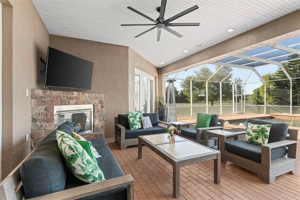 Fireplace, Glass Ceilings, Interior, Living room, Recessed Lighting, Sun Room