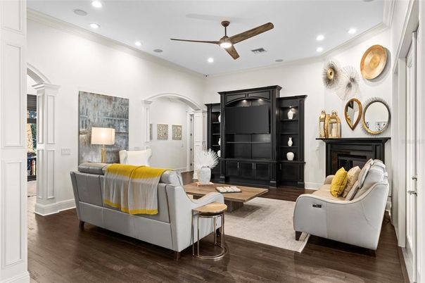 Fireplace, Interior, Living room, Recessed Lighting, Wood Texture Flooring