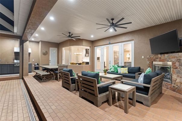 Dining room, Fireplace, Interior, Living room, Pendant Lights, Recessed Lighting, Stone Walls