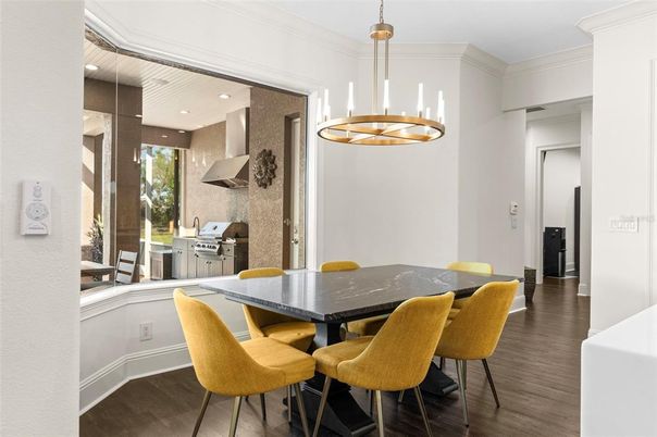 Dining room, Interior, Pendant Lights, Recessed Lighting, Wood Texture Flooring