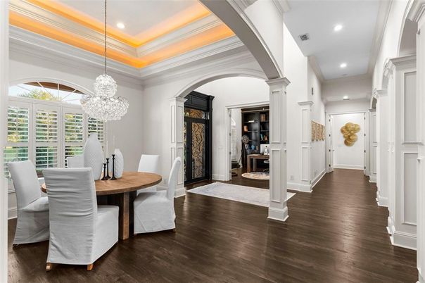 Dining room, Interior, Pendant Lights, Recessed Lighting, Wood Texture Flooring