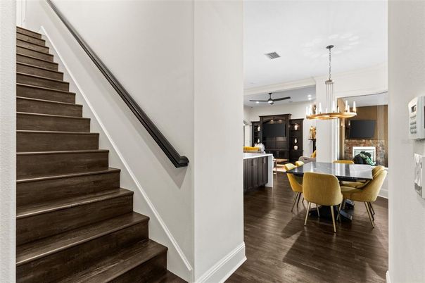 Dining room, Interior, Pendant Lights, Recessed Lighting, Wood Texture Flooring