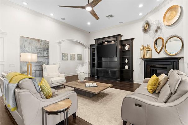 Fireplace, Interior, Living room, Recessed Lighting, Wood Texture Flooring