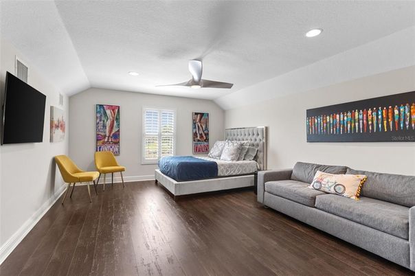 Bedroom, Interior, Recessed Lighting, Wood Texture Flooring