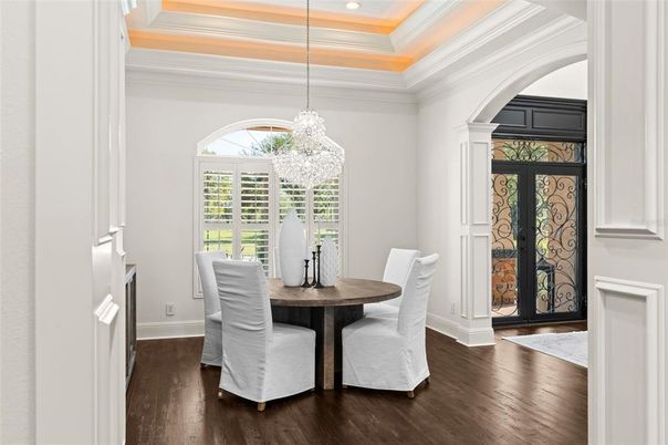 Chandelier, Dining room, Interior, Wood Texture Flooring