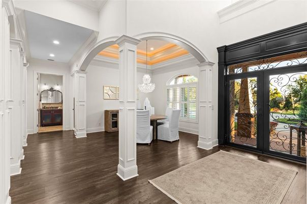 Dining room, Interior, Pendant Lights, Recessed Lighting, Wood Texture Flooring