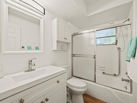 Bathroom, Glass Shower, Interior, Wood Texture Flooring