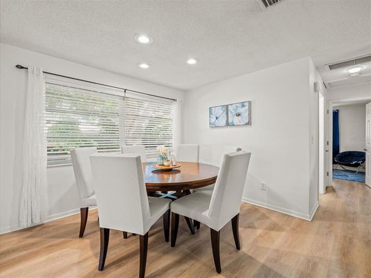 Dining room, Interior, Recessed Lighting, Wood Texture Flooring