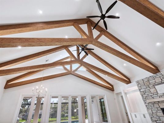 Chandelier, Interior, Pendant Lights, Recessed Lighting, Wooden Beams
