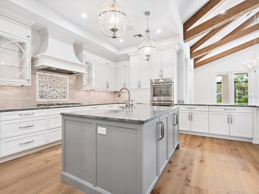 Chandelier, Interior, Kitchen, Pendant Lights, Recessed Lighting, Stainless Steel Appliances, Wooden Beams, Wood Texture Flooring