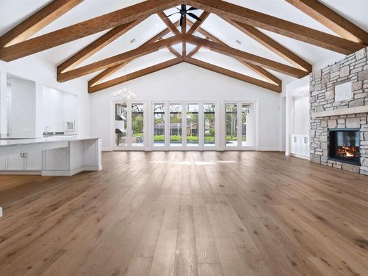 Empty room, Fireplace, Interior, Wooden Beams, Wood Texture Flooring