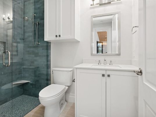 Bathroom, Glass Shower, Interior, Wood Texture Flooring
