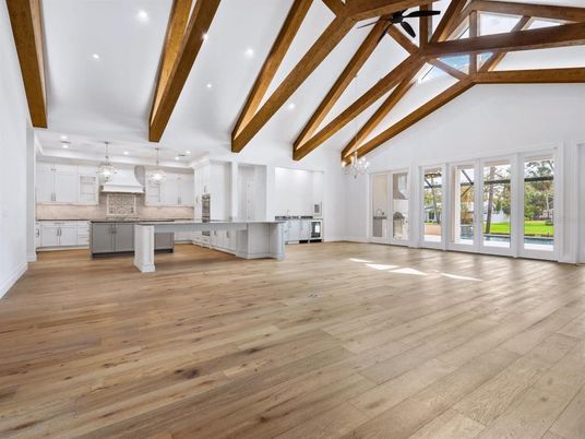 Interior, Kitchen, Pendant Lights, Recessed Lighting, Wooden Beams, Wood Texture Flooring
