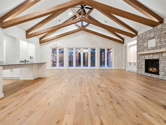 Chandelier, Empty room, Fireplace, Interior, Wooden Beams, Wood Texture Flooring