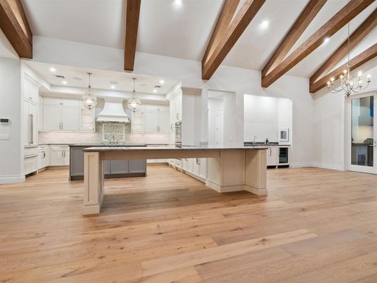 Chandelier, Interior, Kitchen, Pendant Lights, Recessed Lighting, Stainless Steel Appliances, Wooden Beams, Wood Texture Flooring