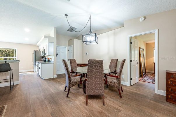 Dining room, Interior, Kitchen, Pendant Lights, Recessed Lighting, Wood Texture Flooring
