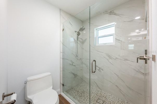 Bathroom, Glass Shower, Interior, Marble Walls, Recessed Lighting