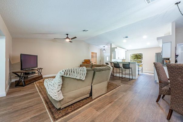 Interior, Kitchen, Living room, Recessed Lighting, Wood Texture Flooring