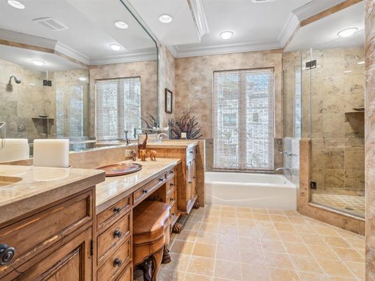 Bathroom, Dual Sink Vanities, Glass Shower, Interior, Recessed Lighting