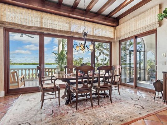Dining room, Interior, Pendant Lights, Water, Wooden Beams