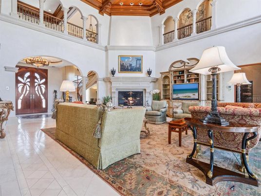 Chandelier, Fireplace, Interior, Living room, Recessed Lighting, Wooden Beams