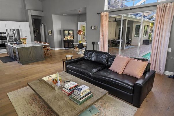 Dining room, Interior, Kitchen, Living room, Pendant Lights, Stainless Steel Appliances, Wood Texture Flooring
