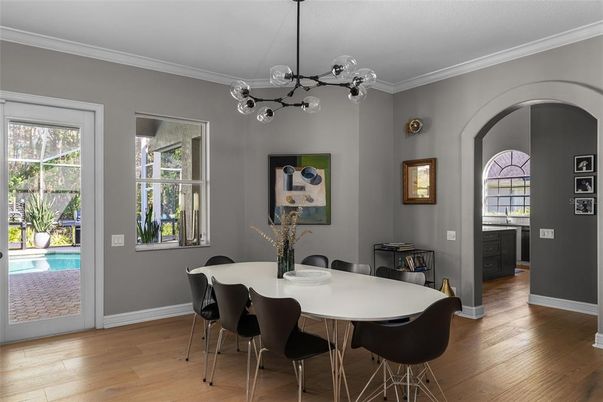 Dining room, Interior, Pendant Lights, Wood Texture Flooring