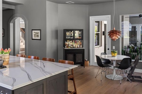 Dining room, Interior, Pendant Lights, Wood Texture Flooring