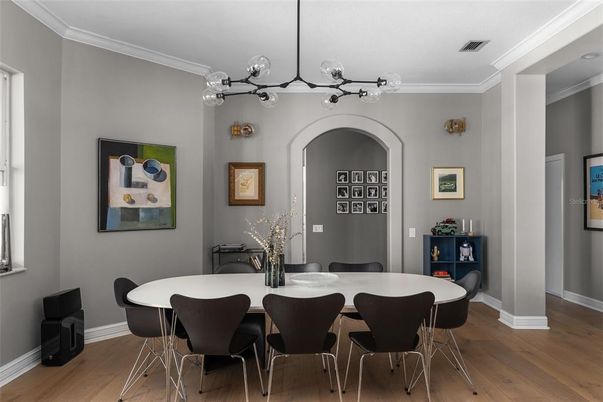 Dining room, Interior, Pendant Lights, Wood Texture Flooring