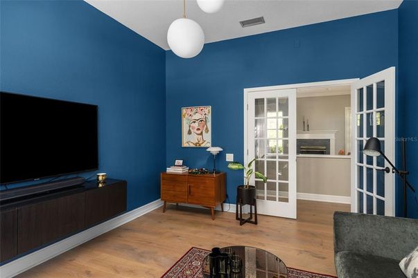Fireplace, Interior, Pendant Lights, Wood Texture Flooring