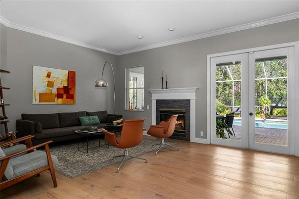 Fireplace, Interior, Living room, Recessed Lighting, Wood Texture Flooring