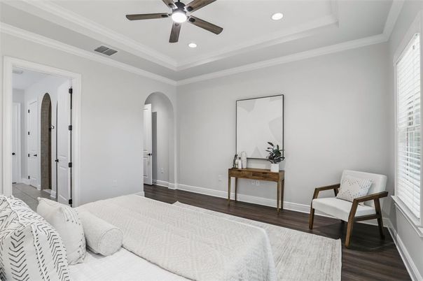Bedroom, Interior, Recessed Lighting, Wood Texture Flooring