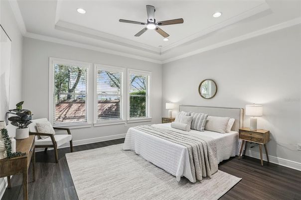 Bedroom, Interior, Recessed Lighting, Wood Texture Flooring