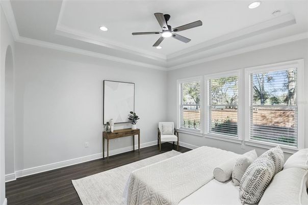 Bedroom, Interior, Recessed Lighting, Wood Texture Flooring