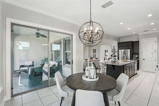 Chandelier, Dining room, Interior, Kitchen, Recessed Lighting, Stainless Steel Appliances