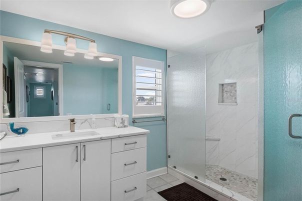 Bathroom, Dual Sink Vanities, Glass Shower, Interior, Marble Walls