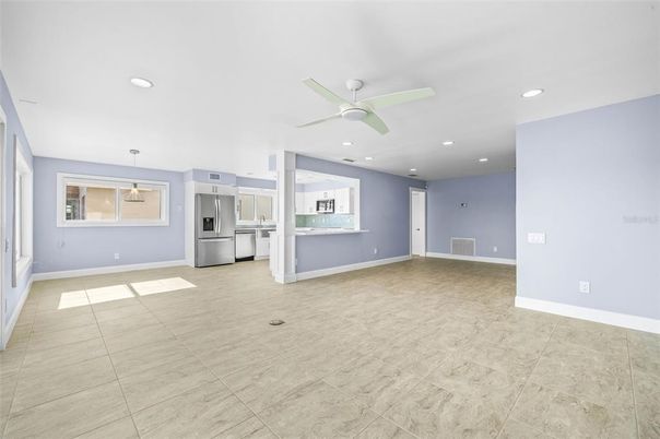 Empty room, Interior, Kitchen, Recessed Lighting, Stainless Steel Appliances