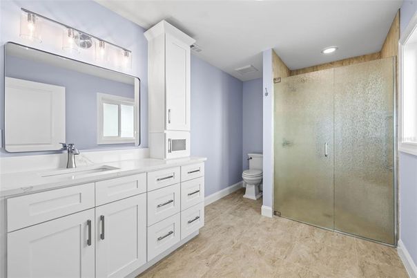 Bathroom, Dual Sink Vanities, Glass Shower, Interior, Recessed Lighting
