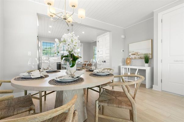 Chandelier, Dining room, Interior, Pendant Lights, Recessed Lighting, Wood Texture Flooring