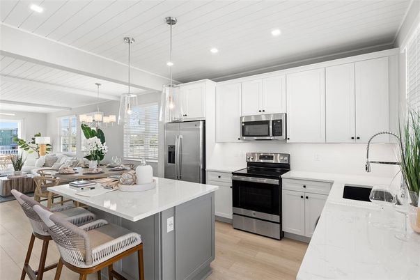 Dining room, Interior, Kitchen, Living room, Pendant Lights, Recessed Lighting, Stainless Steel Appliances, Wood Texture Flooring