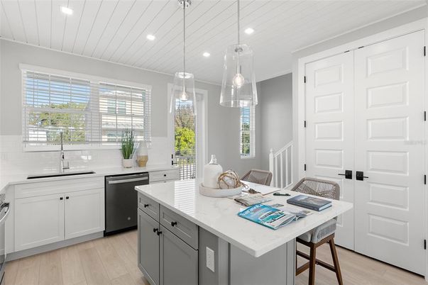 Interior, Kitchen, Pendant Lights, Recessed Lighting, Stainless Steel Appliances, Wood Texture Flooring