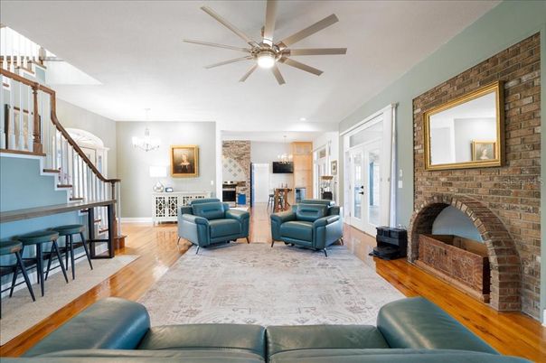 Chandelier, Fireplace, Interior, Stone Walls, Wood Texture Flooring