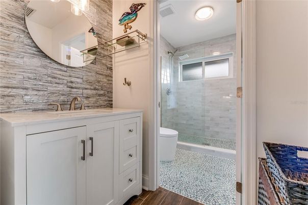 Bathroom, Glass Shower, Interior, Wood Texture Flooring